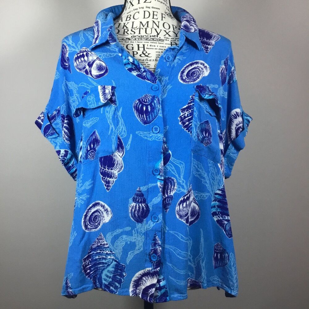 Button down blue blouse shells pattern beach beachy vacation summer sz L
